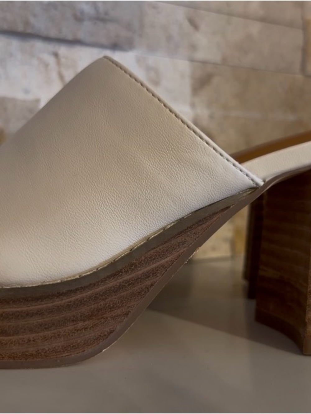 Neutral Cream Wedge Mules with Stacked Wood Heel